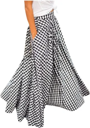 Women's Plaid Print Skirt Large Hem High Waist Long Skirt Casual Mopping Floor Length Skirts with Pockets