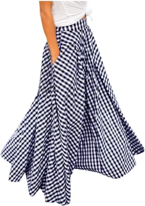 Women's Plaid Print Skirt Large Hem High Waist Long Skirt Casual Mopping Floor Length Skirts with Pockets