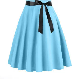Women's Pleated A Line Skirt Bow Skater Flared Midi Skirt Vinage High Waisted Skirts Solid Color Casual Skirts
