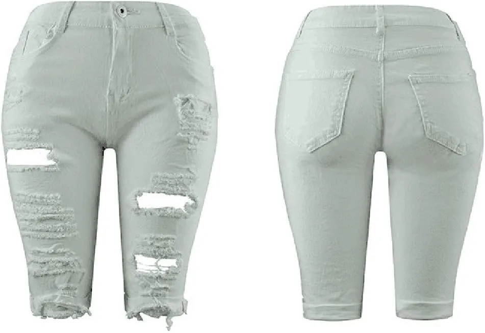 Womens Ripped Denim Shorts Frayed Raw Hem Shorts Skinny Stretchy Jeans Shorts Straight Leg Short Jeans for Ladies