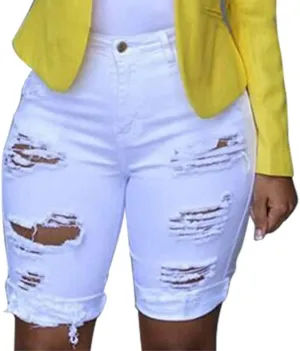 Womens Ripped Denim Shorts Frayed Raw Hem Shorts Skinny Stretchy Jeans Shorts Straight Leg Short Jeans for Ladies