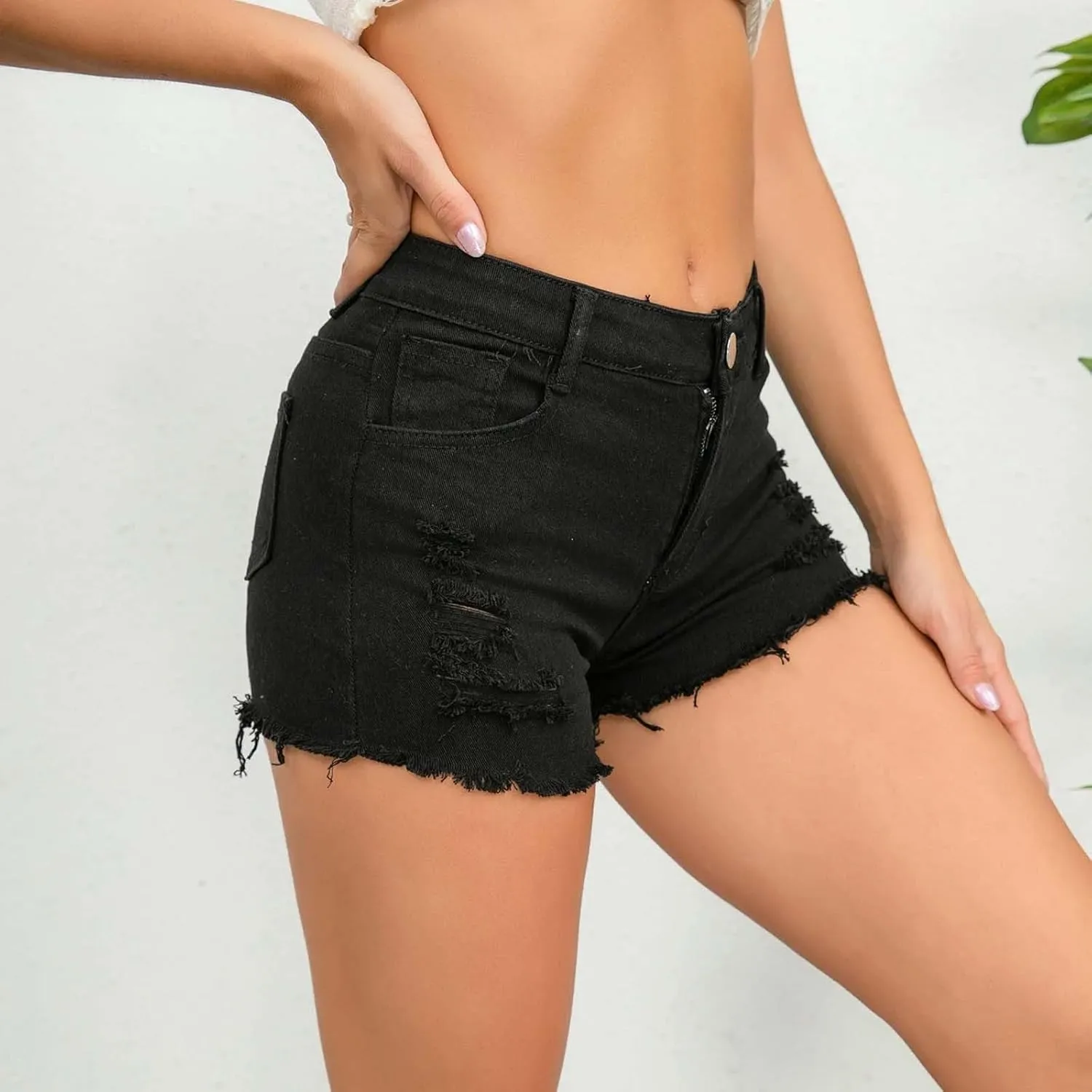 Women's Ripped Jean Denim Shorts Raw Hem Distressed Jeans Short High Waisted Stretchy Folded Hem Black Shorts