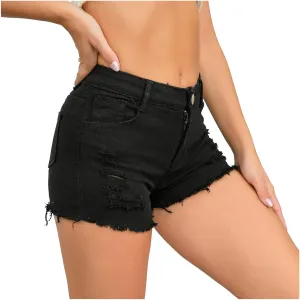 Women's Ripped Jean Denim Shorts Raw Hem Distressed Jeans Short High Waisted Stretchy Folded Hem Black Shorts