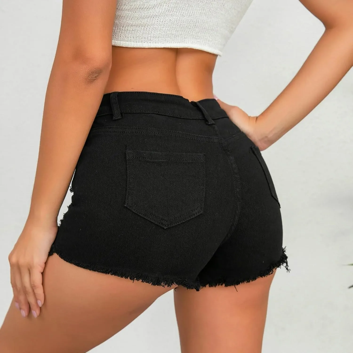 Women's Ripped Jean Denim Shorts Raw Hem Distressed Jeans Short High Waisted Stretchy Folded Hem Black Shorts