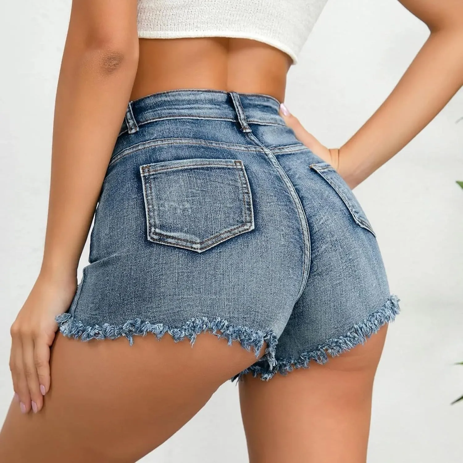 Women's Ripped Jean Denim Shorts Raw Hem Distressed Jeans Short High Waisted Stretchy Folded Hem Black Shorts