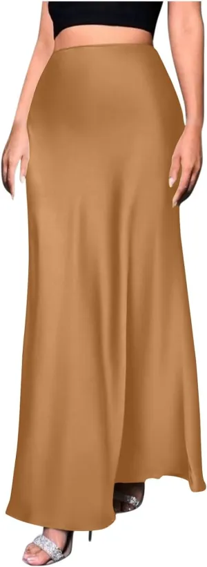Womens Satin High Waist Elastic Maxi Skirt Silk Elegant Dressy Bodycon A-Line Long Skirts Cocktail Party Outfits