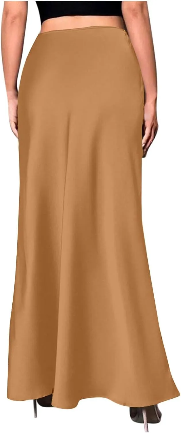 Womens Satin High Waist Elastic Maxi Skirt Silk Elegant Dressy Bodycon A-Line Long Skirts Cocktail Party Outfits