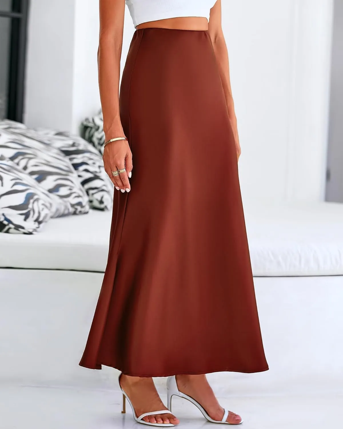 Women's Satin Maxi Skirts High Waisted Elegant Skirts Dressy Elasticized Flare Skirt Swing Cocktail Party Mermaid Skirt