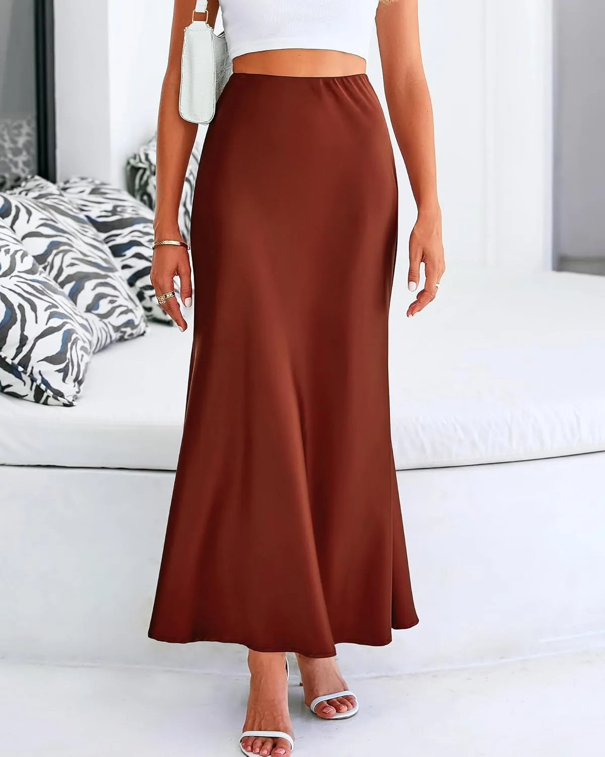 Women's Satin Maxi Skirts High Waisted Elegant Skirts Dressy Elasticized Flare Skirt Swing Cocktail Party Mermaid Skirt