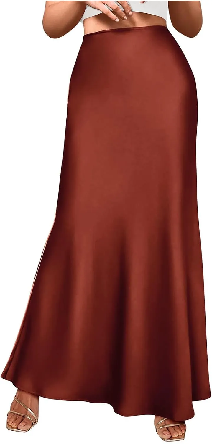 Women's Satin Maxi Skirts High Waisted Elegant Skirts Dressy Elasticized Flare Skirt Swing Cocktail Party Mermaid Skirt