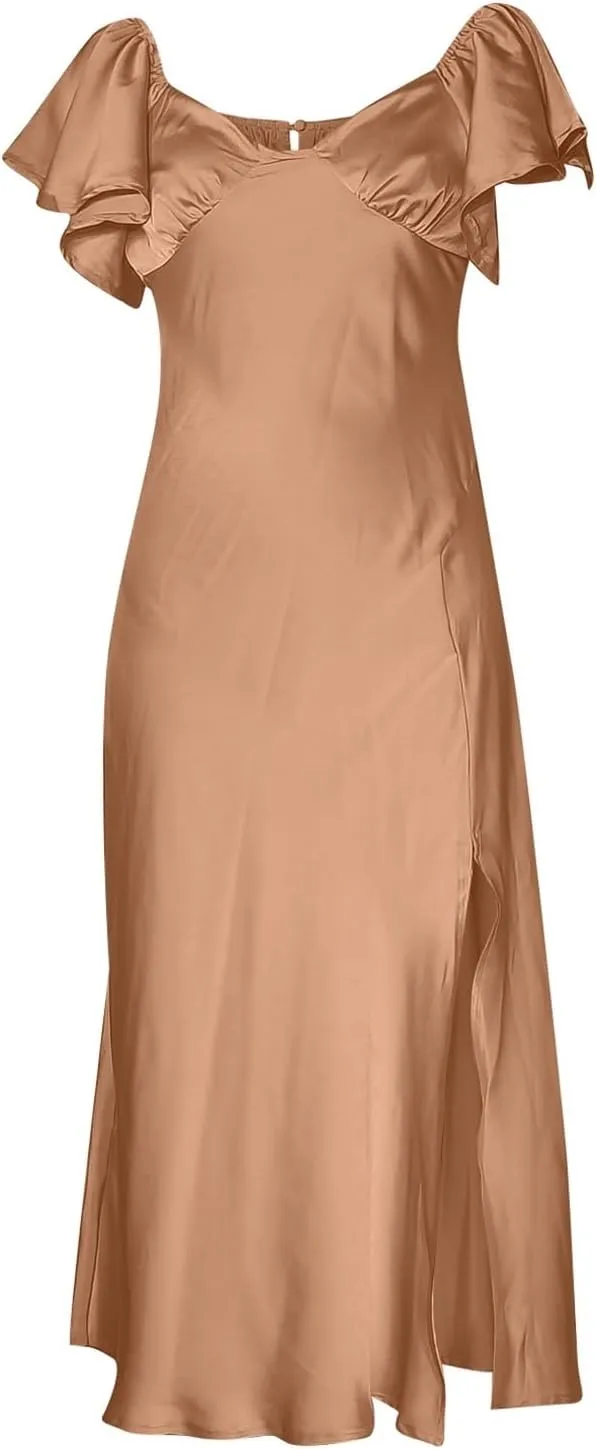Women's Satin Off Shoulder Dress Wedding Guest Elegant Butterfly Sleeve Split Cocktail Prom Midi Formal Dresses 2025 Summer