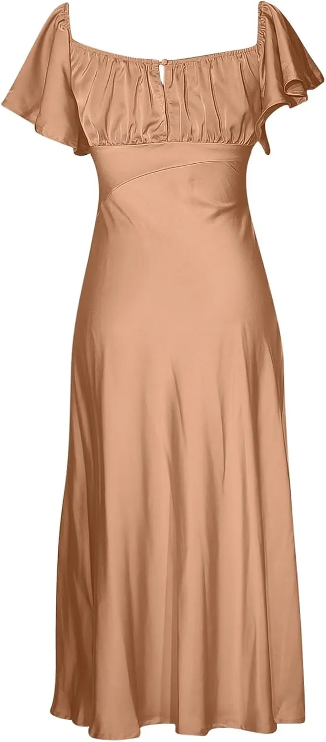 Women's Satin Off Shoulder Dress Wedding Guest Elegant Butterfly Sleeve Split Cocktail Prom Midi Formal Dresses 2025 Summer
