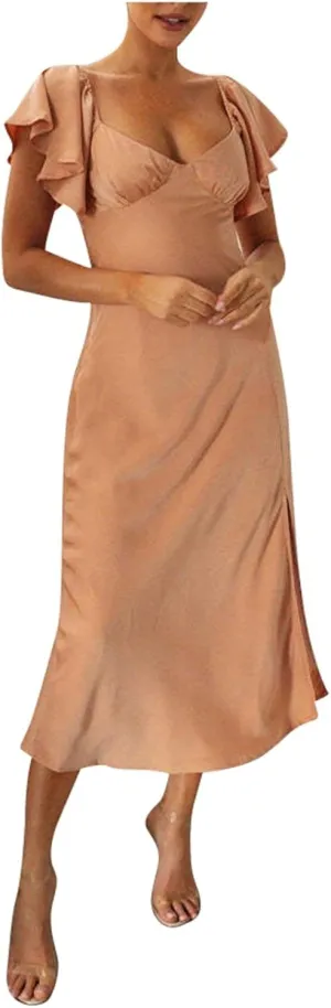 Women's Satin Off Shoulder Dress Wedding Guest Elegant Butterfly Sleeve Split Cocktail Prom Midi Formal Dresses 2025 Summer