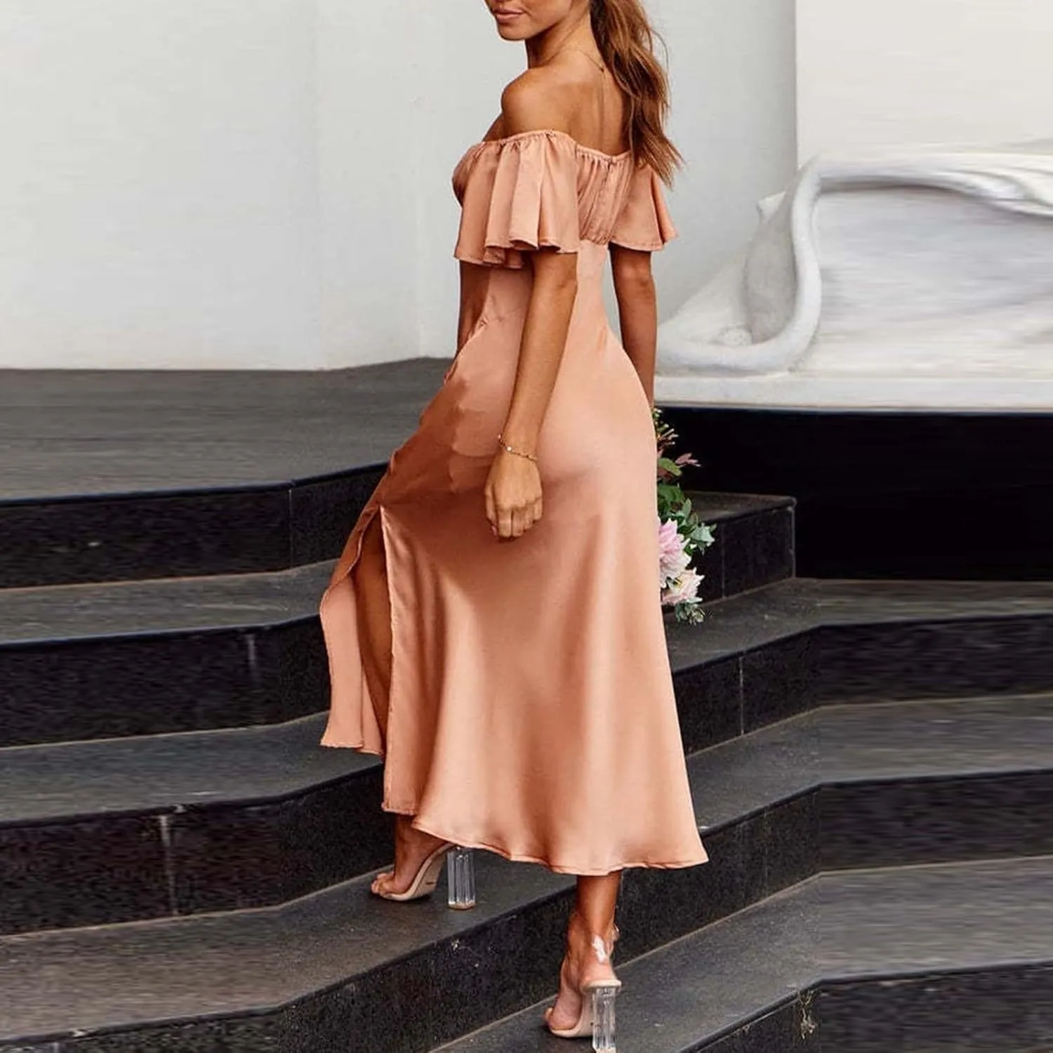 Women's Satin Off Shoulder Dress Wedding Guest Elegant Butterfly Sleeve Split Cocktail Prom Midi Formal Dresses 2025 Summer