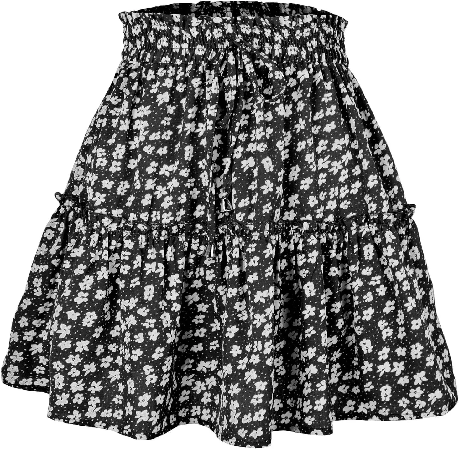 Women's Short Floral Ruffle Chiffon Mini Skirt with Tiered Hem Elastic Drawstring Waist A-Line Swing Beach Dress