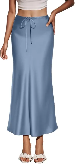 Women's Solid Color Satin Long High Waist Drawstring Skirts for Women Elegant Long Skirt with Slit