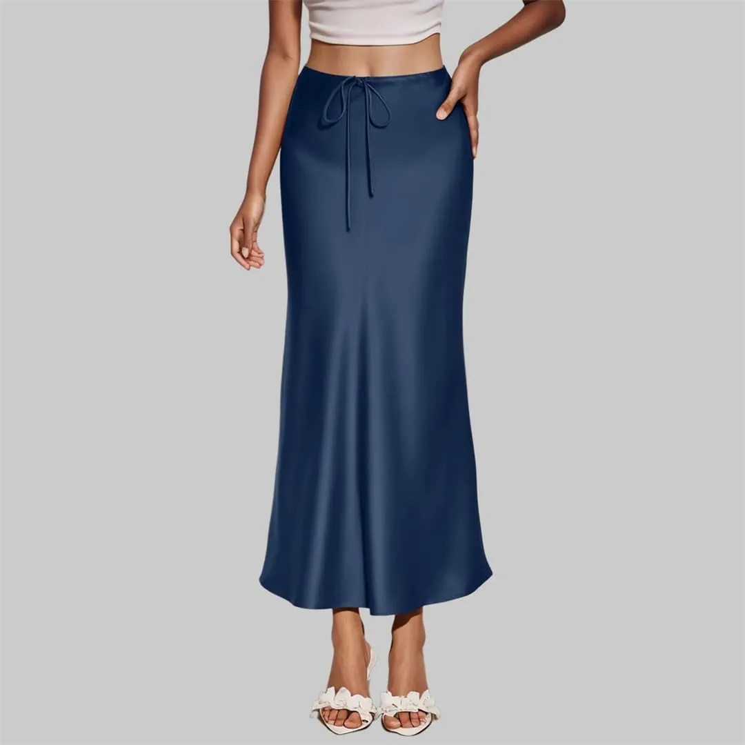 Women's Solid Color Satin Long High Waist Drawstring Skirts for Women Elegant Long Skirt with Slit
