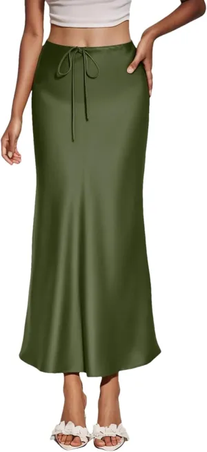 Women's Solid Color Satin Long High Waist Drawstring Skirts for Women Elegant Long Skirt with Slit