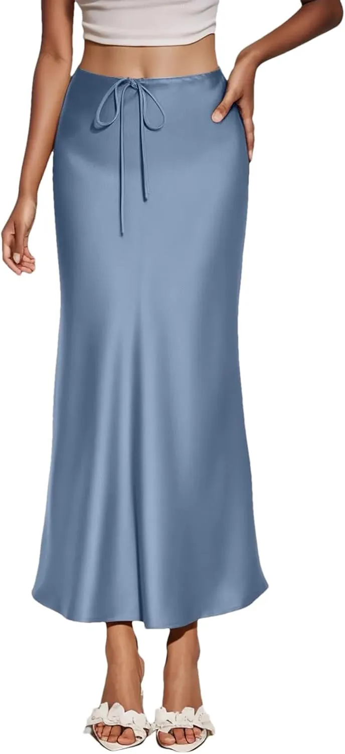 Women's Solid Color Satin Long High Waist Drawstring Skirts for Women Elegant Long Skirt with Slit