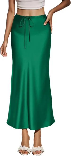 Women's Solid Color Satin Long High Waist Drawstring Skirts for Women Elegant Long Skirt with Slit