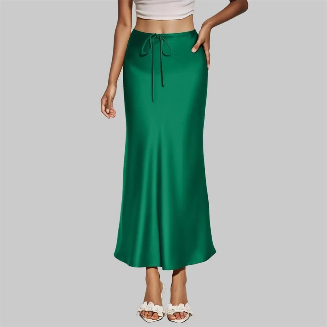 Women's Solid Color Satin Long High Waist Drawstring Skirts for Women Elegant Long Skirt with Slit