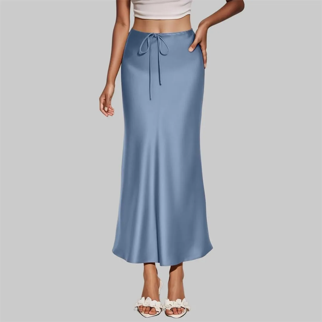 Women's Solid Color Satin Long High Waist Drawstring Skirts for Women Elegant Long Skirt with Slit