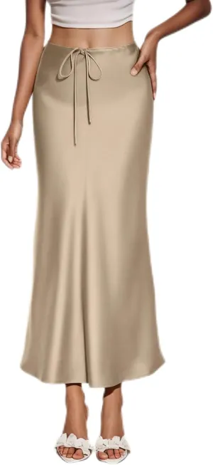 Women's Solid Color Satin Long High Waist Drawstring Skirts for Women Elegant Long Skirt with Slit