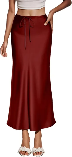 Women's Solid Color Satin Long High Waist Drawstring Skirts for Women Elegant Long Skirt with Slit