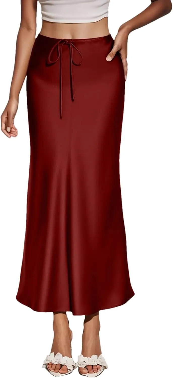 Women's Solid Color Satin Long High Waist Drawstring Skirts for Women Elegant Long Skirt with Slit