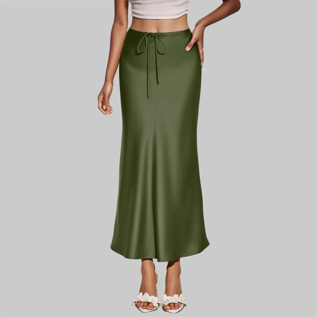 Women's Solid Color Satin Long High Waist Drawstring Skirts for Women Elegant Long Skirt with Slit