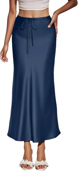 Women's Solid Color Satin Long High Waist Drawstring Skirts for Women Elegant Long Skirt with Slit