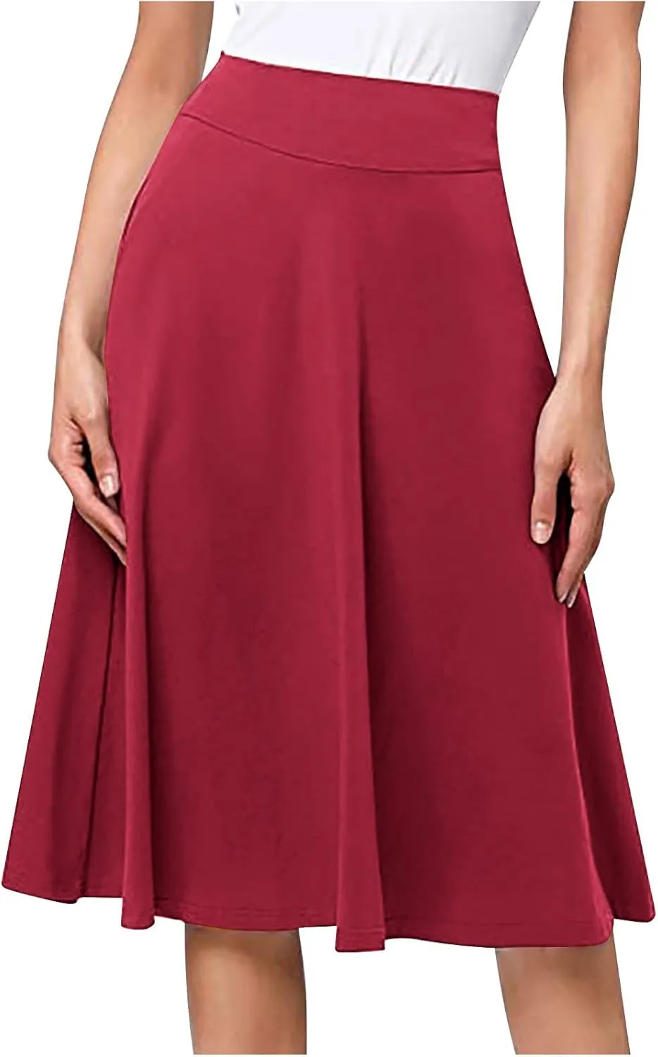 Women's Stretchy High Waist Flare A-Line Midi Skirt Solid Knee Length Elegant Skirts Casual Summer Loose Flowy Skirt