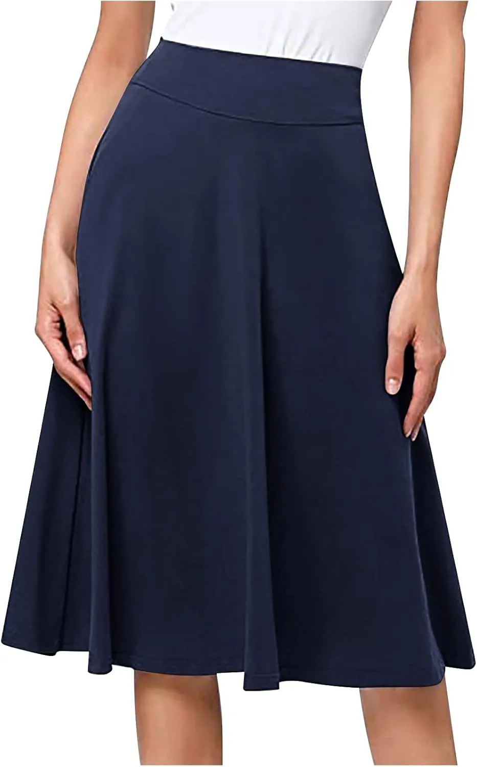 Women's Stretchy High Waist Flare A-Line Midi Skirt Solid Knee Length Elegant Skirts Casual Summer Loose Flowy Skirt