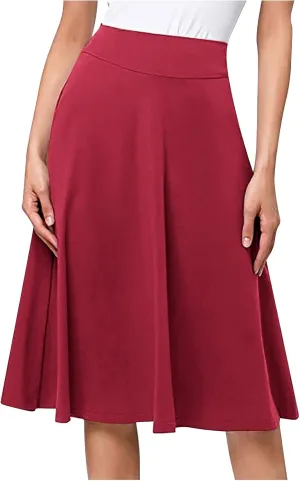 Women's Stretchy High Waist Flare A-Line Midi Skirt Solid Knee Length Elegant Skirts Casual Summer Loose Flowy Skirt