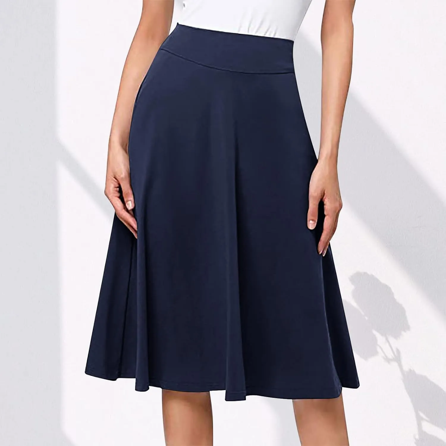 Women's Stretchy High Waist Flare A-Line Midi Skirt Solid Knee Length Elegant Skirts Casual Summer Loose Flowy Skirt