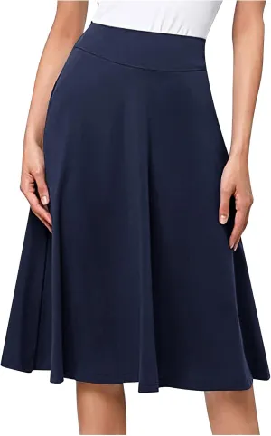 Women's Stretchy High Waist Flare A-Line Midi Skirt Solid Knee Length Elegant Skirts Casual Summer Loose Flowy Skirt