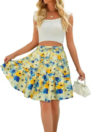 Womens Summer A Line Ruffle Mini Skirt Lightweight Elastic High Waist Boho Swing Drawstring Skirts