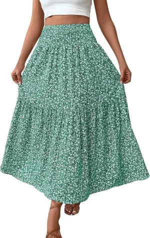 Womens Summer Boho Floral Flowy Tiered Maxi Skirt Fashion Elastic High Waist Pleated Vacation Beach Long Skirts
