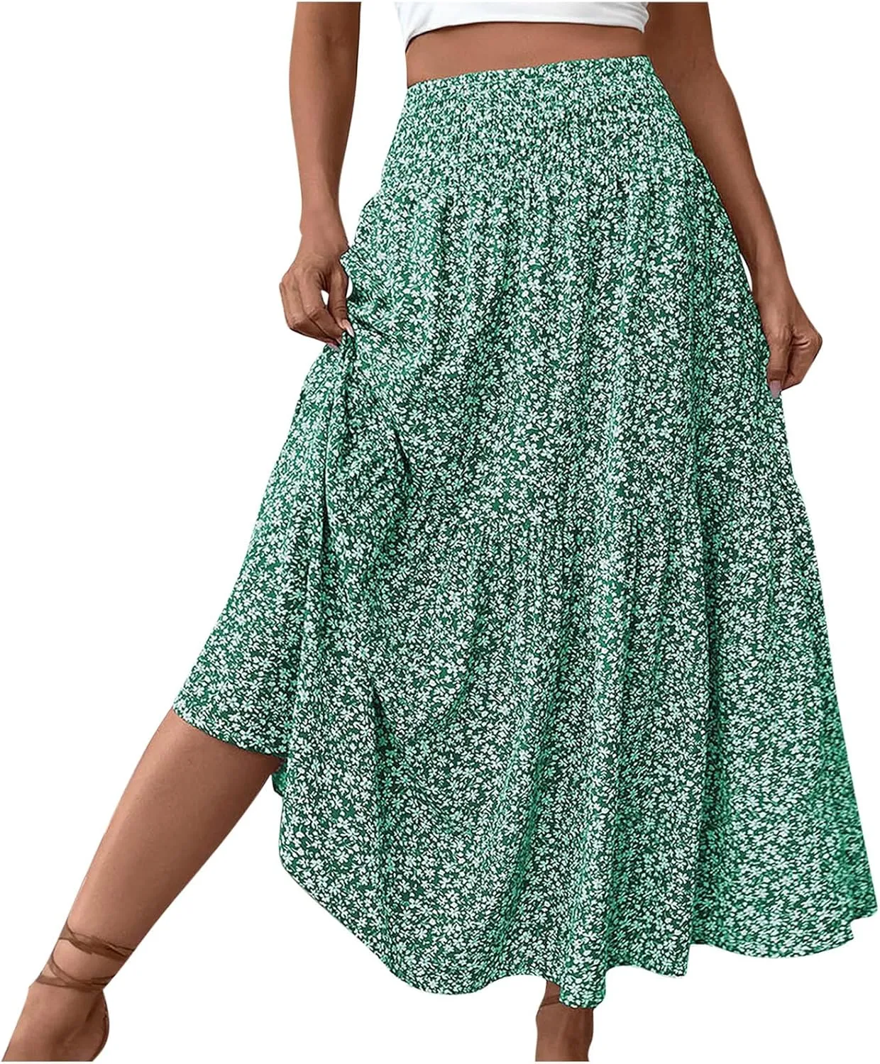 Womens Summer Boho Floral Flowy Tiered Maxi Skirt Fashion Elastic High Waist Pleated Vacation Beach Long Skirts