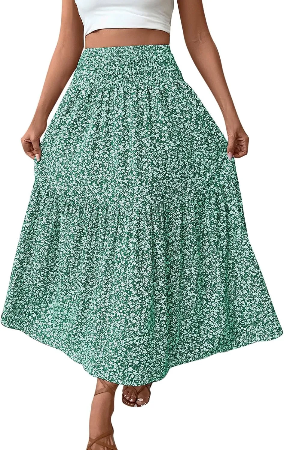 Womens Summer Boho Floral Flowy Tiered Maxi Skirt Fashion Elastic High Waist Pleated Vacation Beach Long Skirts
