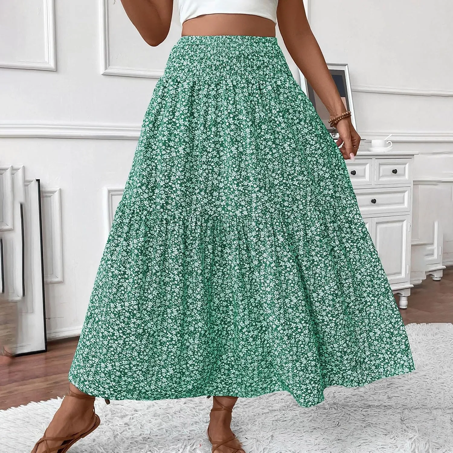 Womens Summer Boho Floral Flowy Tiered Maxi Skirt Fashion Elastic High Waist Pleated Vacation Beach Long Skirts
