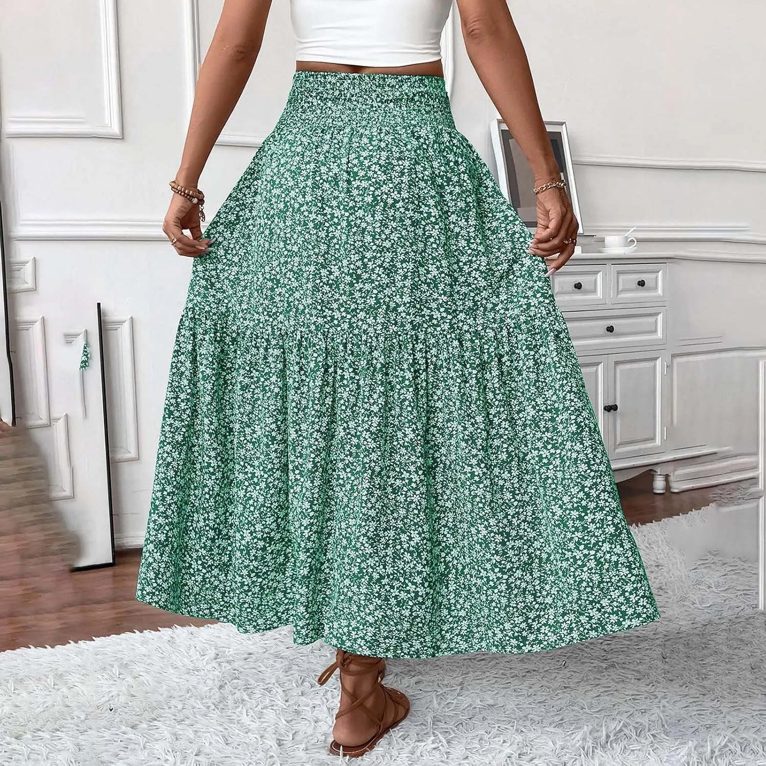 Womens Summer Boho Floral Flowy Tiered Maxi Skirt Fashion Elastic High Waist Pleated Vacation Beach Long Skirts