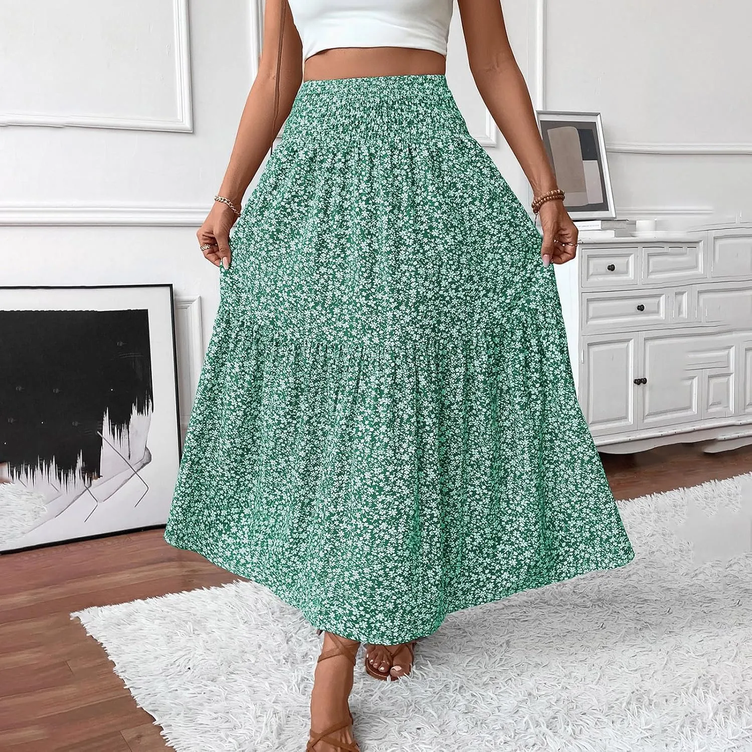 Womens Summer Boho Floral Flowy Tiered Maxi Skirt Fashion Elastic High Waist Pleated Vacation Beach Long Skirts