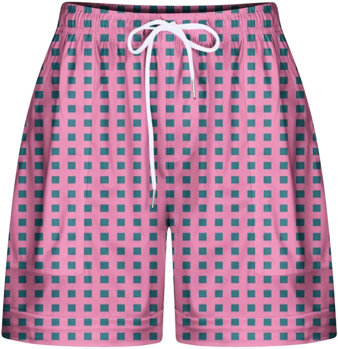 Womens Summer Casual Comfy Shorts Drawstring Elastic Waist Shorts Fashion Checkered Stripes Printed Shorts