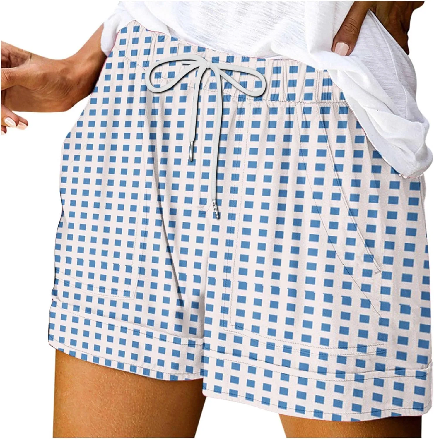 Womens Summer Casual Comfy Shorts Drawstring Elastic Waist Shorts Fashion Checkered Stripes Printed Shorts