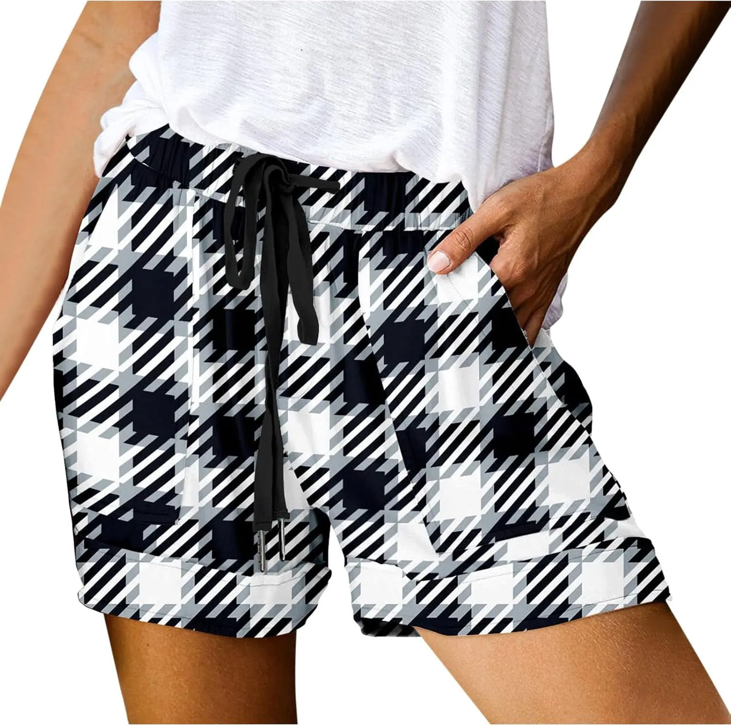 Womens Summer Casual Comfy Shorts Drawstring Elastic Waist Shorts Fashion Checkered Stripes Printed Shorts