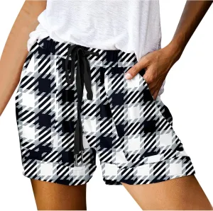Womens Summer Casual Comfy Shorts Drawstring Elastic Waist Shorts Fashion Checkered Stripes Printed Shorts
