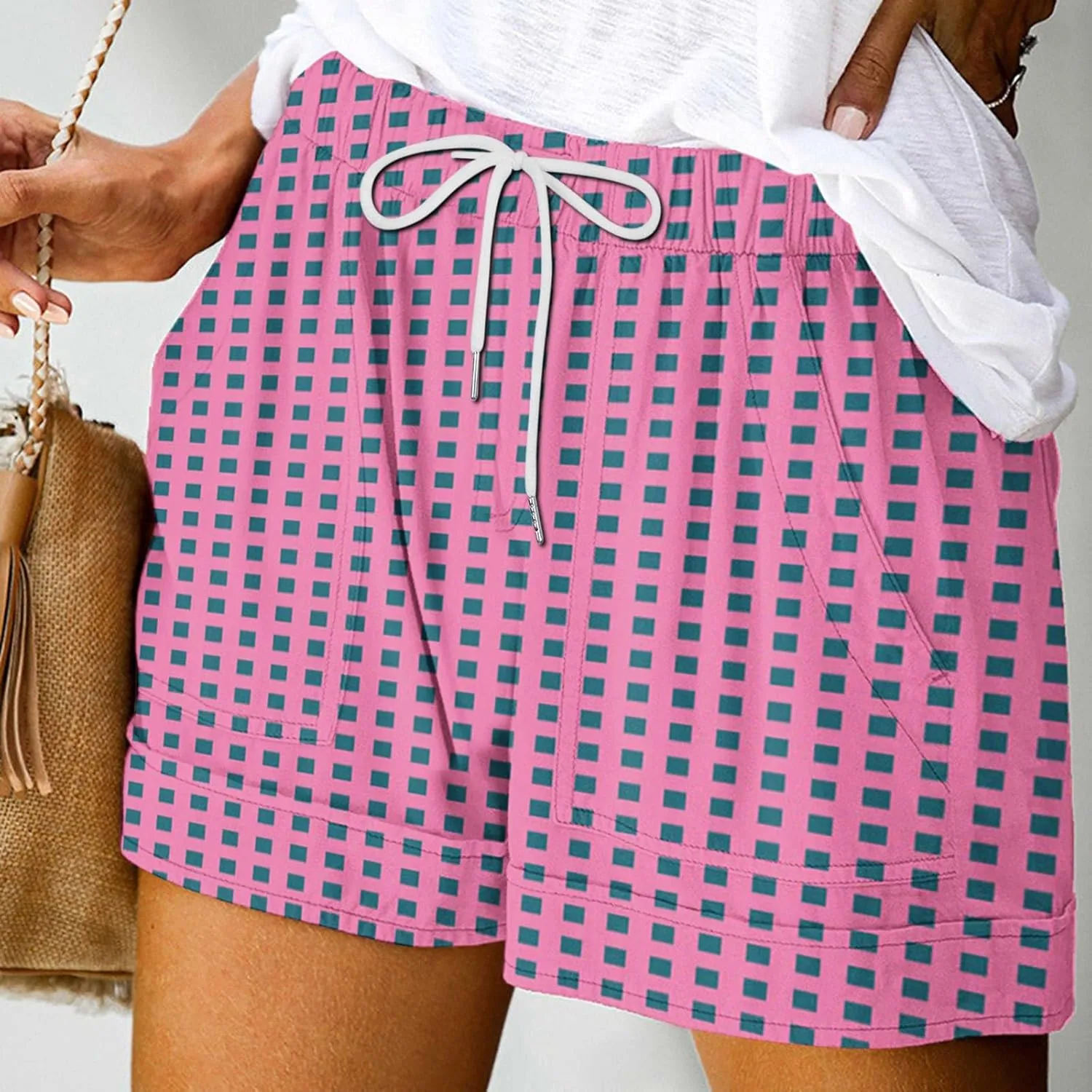 Womens Summer Casual Comfy Shorts Drawstring Elastic Waist Shorts Fashion Checkered Stripes Printed Shorts