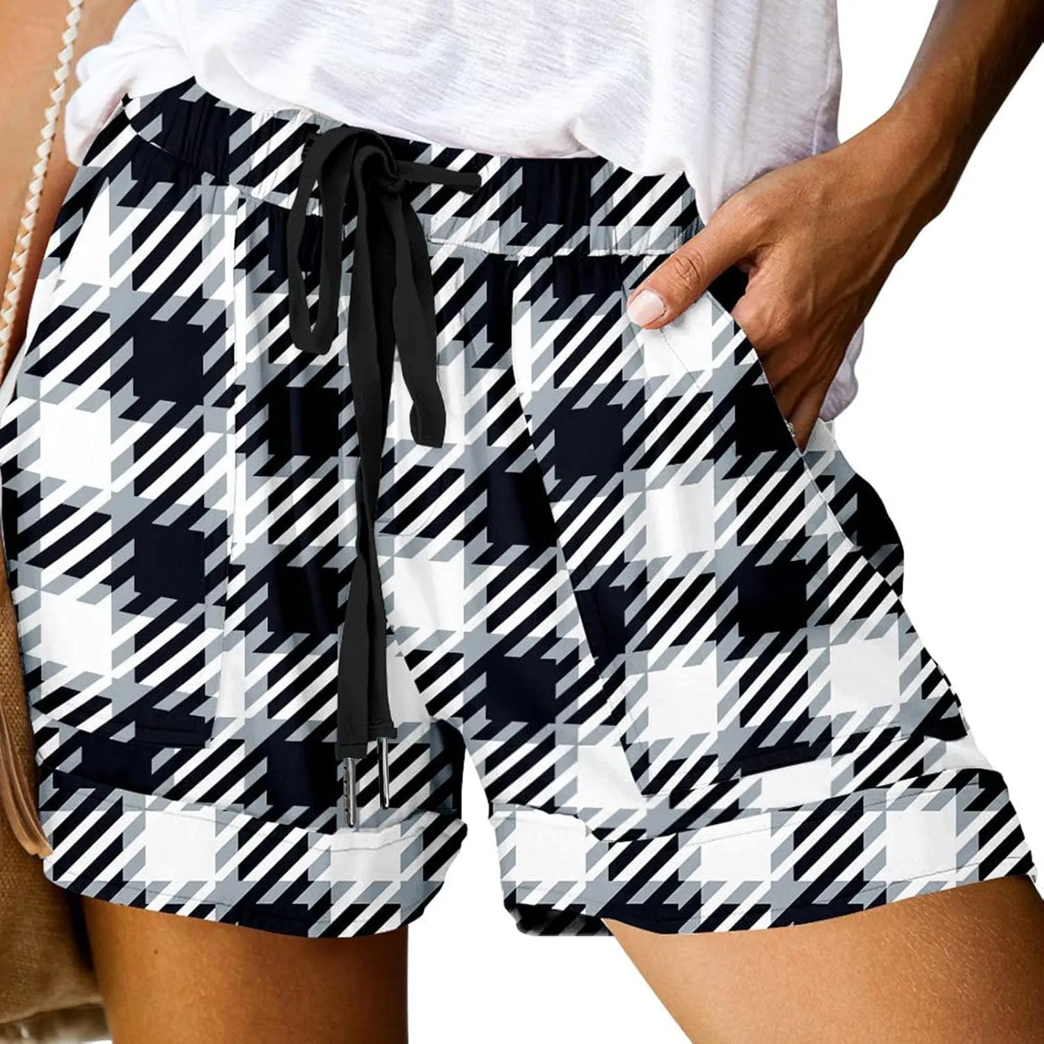 Womens Summer Casual Comfy Shorts Drawstring Elastic Waist Shorts Fashion Checkered Stripes Printed Shorts