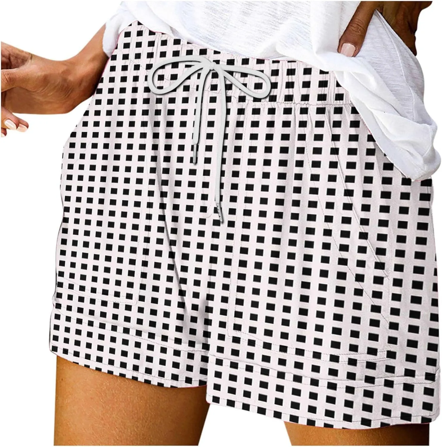 Womens Summer Casual Comfy Shorts Drawstring Elastic Waist Shorts Fashion Checkered Stripes Printed Shorts